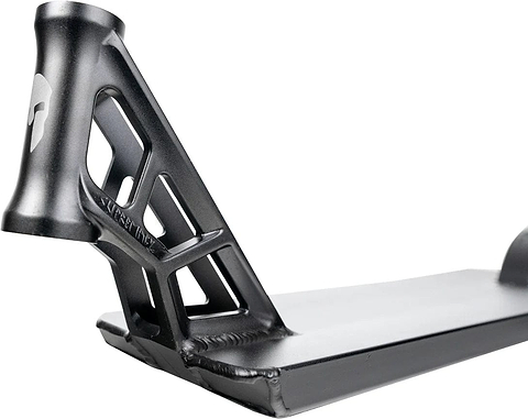 A durable black metal component from the Supremacy Spartan Black Stunt Scooter Deck, measuring 5.5" x 20.5", ideal for street riding with its strong and boxed design.