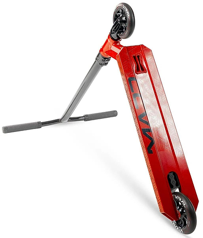 The Madd Gear Viral Purge Complete Stunt Scooter - Cherry stands upright on its rear wheel, displaying its vibrant deck and handlebars—perfect for action at the skatepark, all set against a white background.