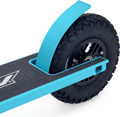 Close-up of the rear end of the Osprey Complete Dirt Scooter - Blue, showing its thick knobby pneumatic wheel, blue metal fender, and part of the textured black foot deck with a white Osprey logo.