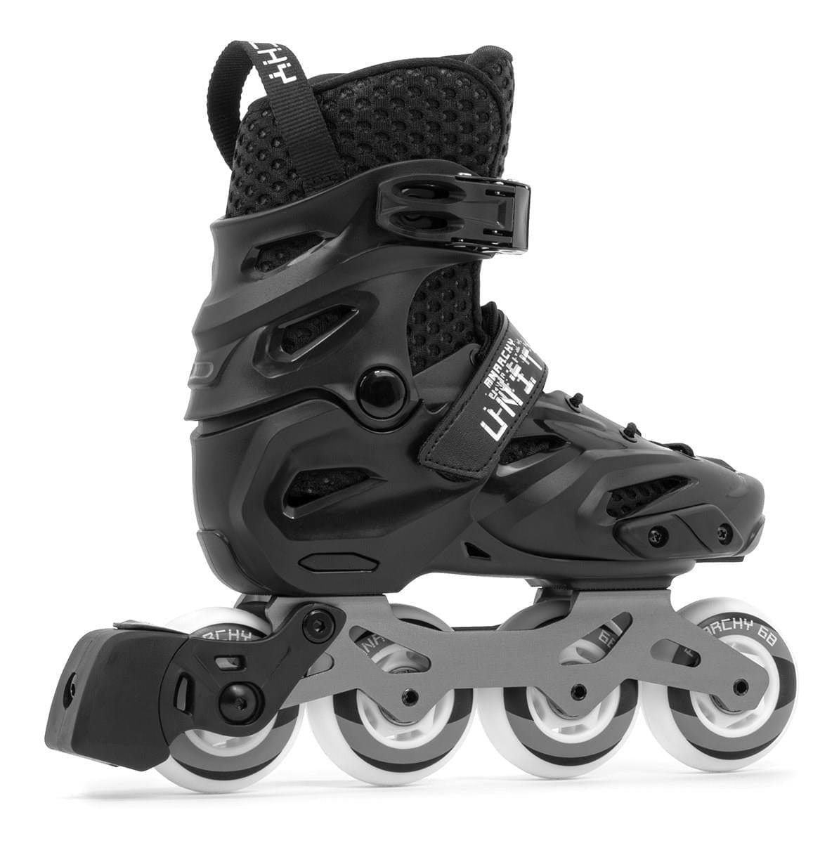 The Anarchy Unity Adjustable Inline Skates in black feature an aluminum frame, sturdy boot, adjustable straps, and a four-size fit system. With ventilation holes and secure fastening, they're perfect for recreational skating and fitness enthusiasts.