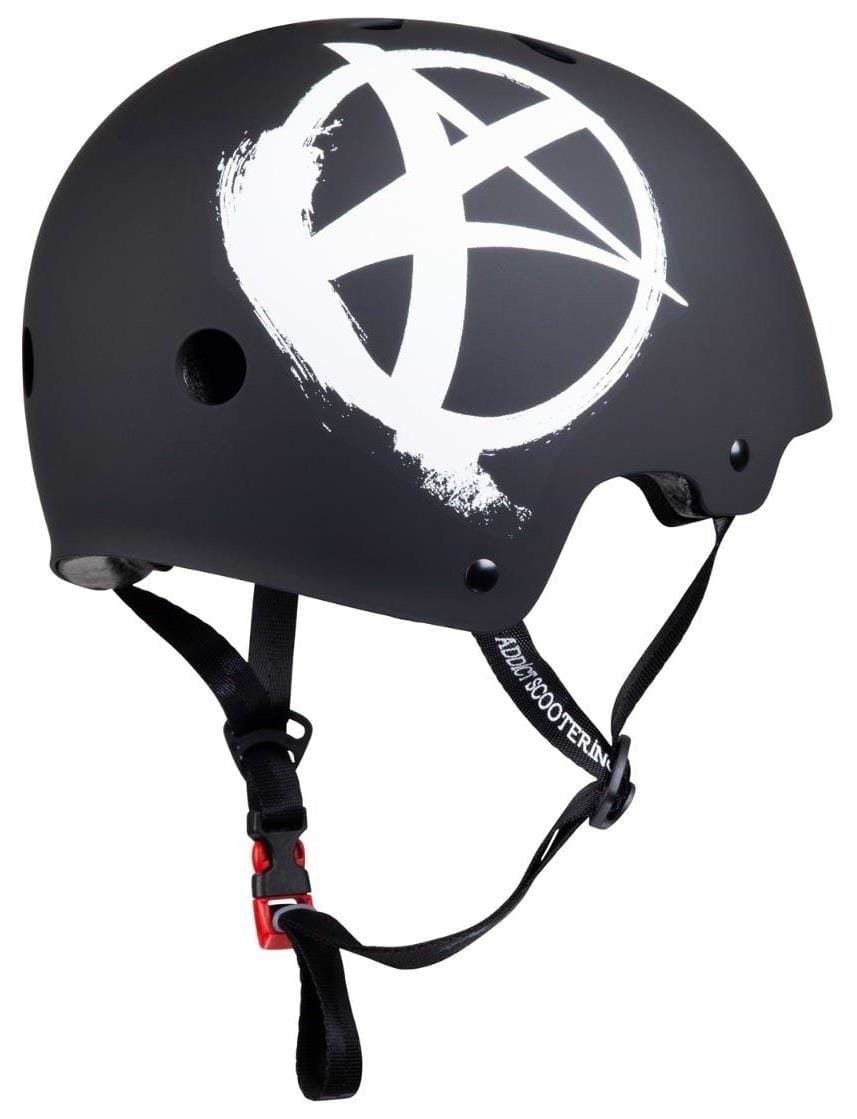 The Addict Logo Skate / Scooter Helmet in Matte Black features a white abstract star symbol on the side, removable padding for comfort, black straps, and a red buckle for secure fit.