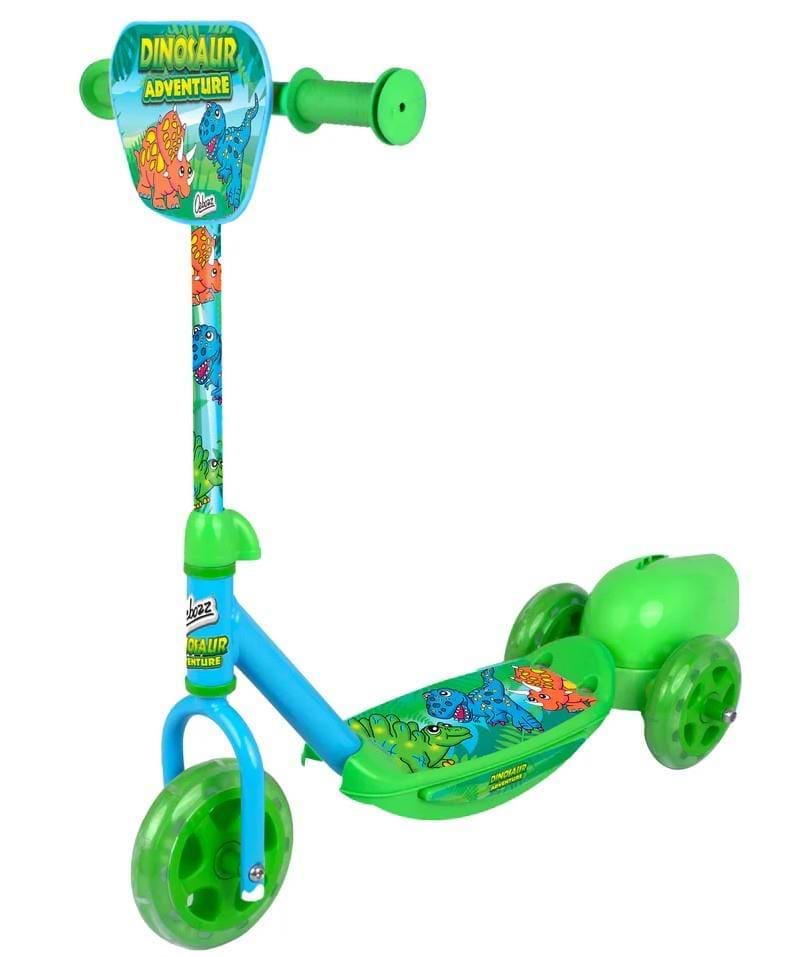 The Ozbozz Dinosaur Bubble Kids Tri Scooter - Blue/Green by Ozbozz features three wheels, colorful cartoon dinosaurs, and "Dinosaur Adventure" text on the front panel and deck.