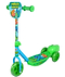 The Ozbozz Dinosaur Bubble Kids Tri Scooter - Blue/Green by Ozbozz features three wheels, colorful cartoon dinosaurs, and "Dinosaur Adventure" text on the front panel and deck.