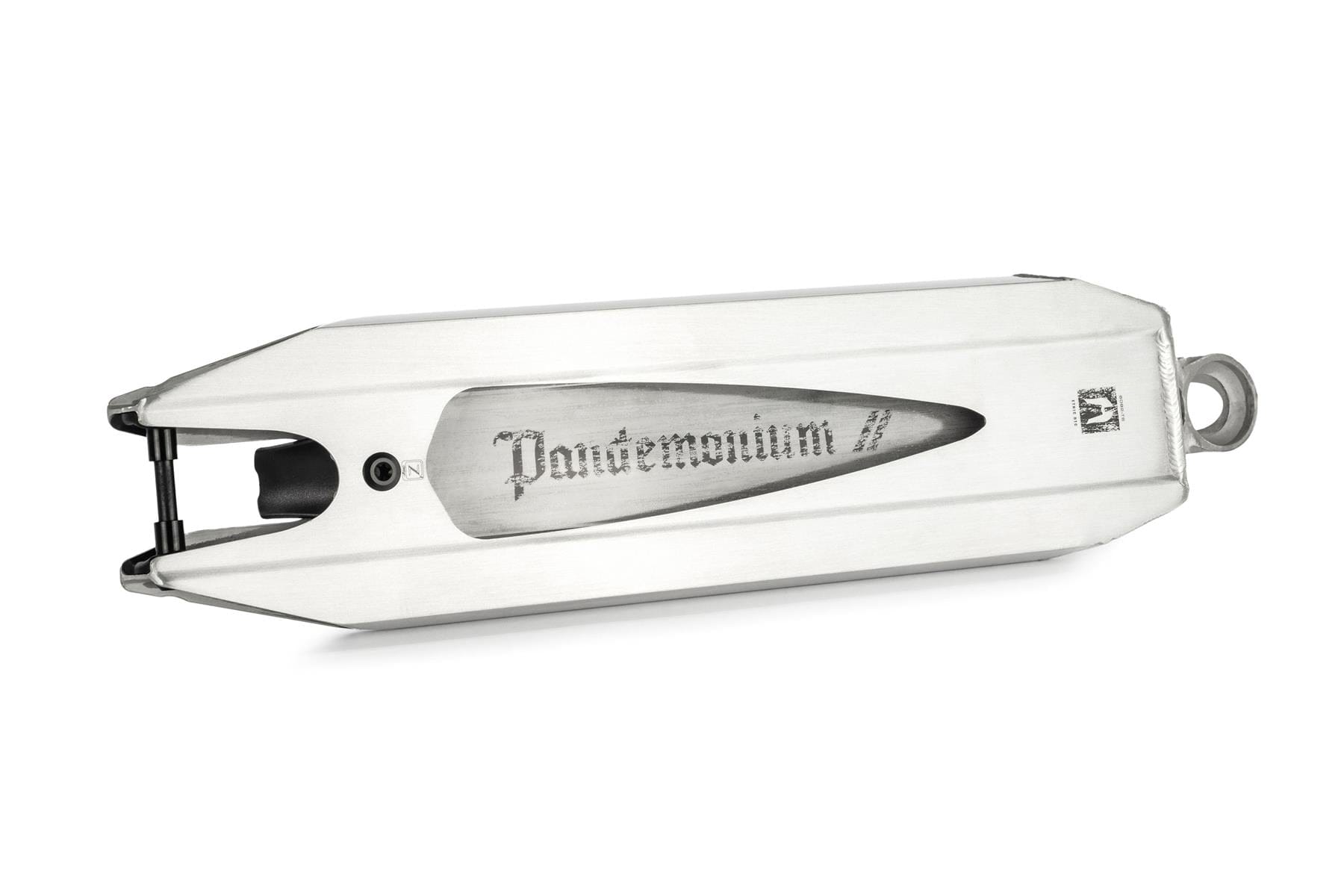 The Ethic DTC Pandemonium V2 Raw Stunt Scooter Deck is a sleek, elongated metallic object made from 6061-T6 aluminum. It features sharp edges, a recessed central area with an engraving of "Pandemonium," and an open end that displays small internal components, resembling the lightweight design of a scooter deck measuring 5.1" x 18.1".