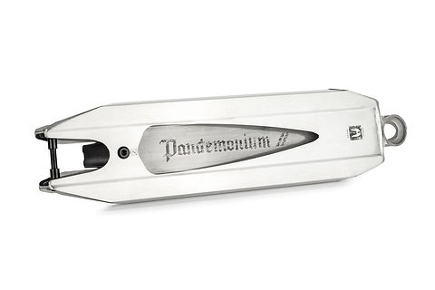 The Ethic DTC Pandemonium V2 Raw Stunt Scooter Deck is a sleek, elongated metallic object made from 6061-T6 aluminum. It features sharp edges, a recessed central area with an engraving of "Pandemonium," and an open end that displays small internal components, resembling the lightweight design of a scooter deck measuring 5.1" x 18.1".