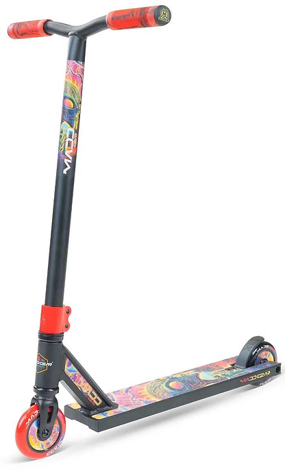 The Madd Gear MG 2 Obsidian Complete Stunt Scooter - Frenzy features red handle grips and wheels, black handlebars and frame, plus a multicolored abstract deck—ideal for kids’ tricks and standout style.