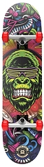 The Madd Gear MGP Pro Series BOOM'N LE Complete Skateboard (8" x 31") features red wheels and a colorful deck with graffiti-style art of a green gorilla in yellow glasses, surrounded by musical instruments and abstract designs.