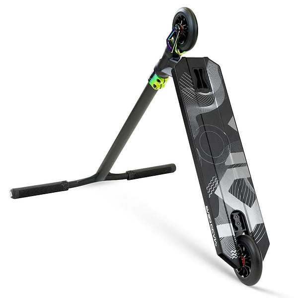 The Madd Gear MG 5 Axion Complete Stunt Scooter by MGP features a textured deck with a geometric pattern, sturdy black handlebars, two black wheels, and showcases action sports innovation in Black/Neochrome.