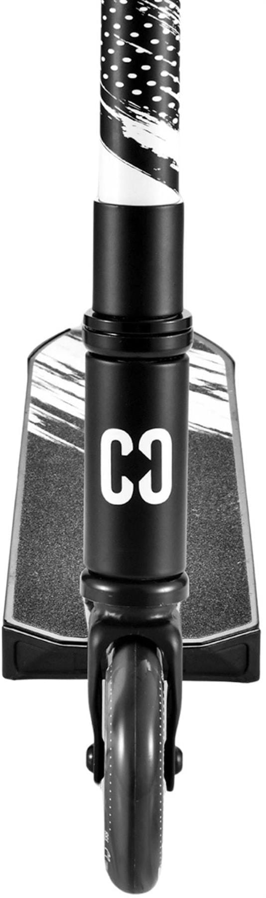 Front view of the CORE CB1 Beginner Complete Stunt Scooter - Black by CORE, featuring black-and-white graphics on the deck and stem, a single front wheel, and "CO" lettering on the stem—ideal for beginner riders.