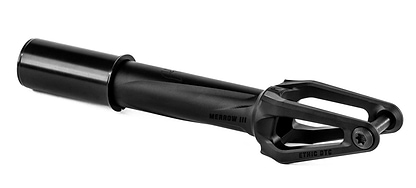The Ethic DTC Merrow V3 HIC Stunt Scooter Fork in black, crafted from 7075 aluminium by Ethic, features a sleek angular design and single axle bolt—one of the lightest forks available.