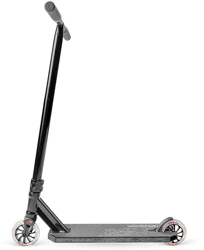 The Madd Gear Viral Extreme Complete Stunt Scooter - Black Shadow by MGP features a textured deck, upright handlebar, and two small wheels, shown in side profile on a white background—ideal for skatepark stunts.