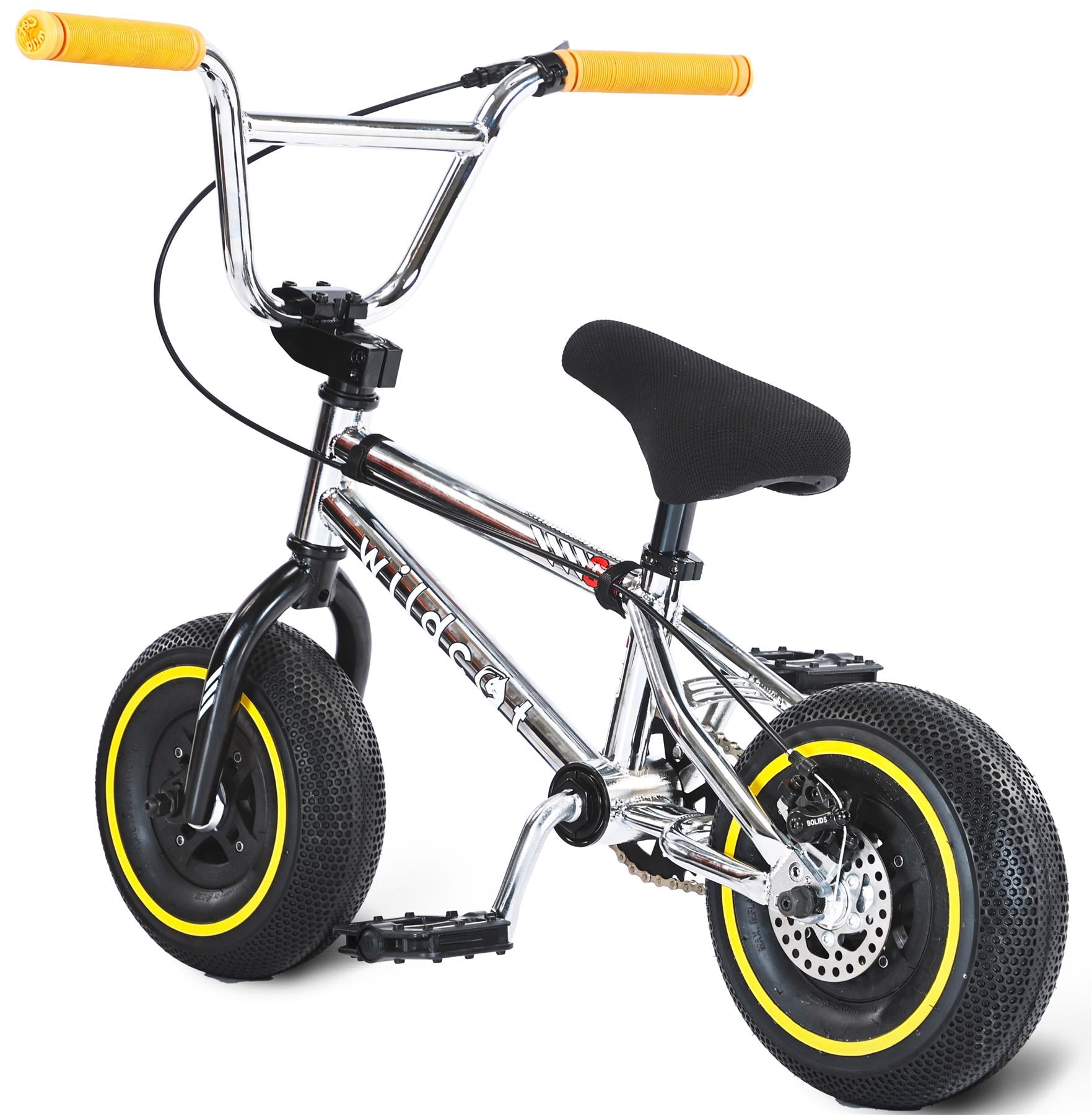 The Wildcat OG 3A Mini BMX Bike - Galaxy Yellow features a chrome frame with "WILDCAT" branding, thick black tires, yellow rims, yellow handlebar grips, and a black seat—perfect for lightweight BMX tricks and skatepark fun.
