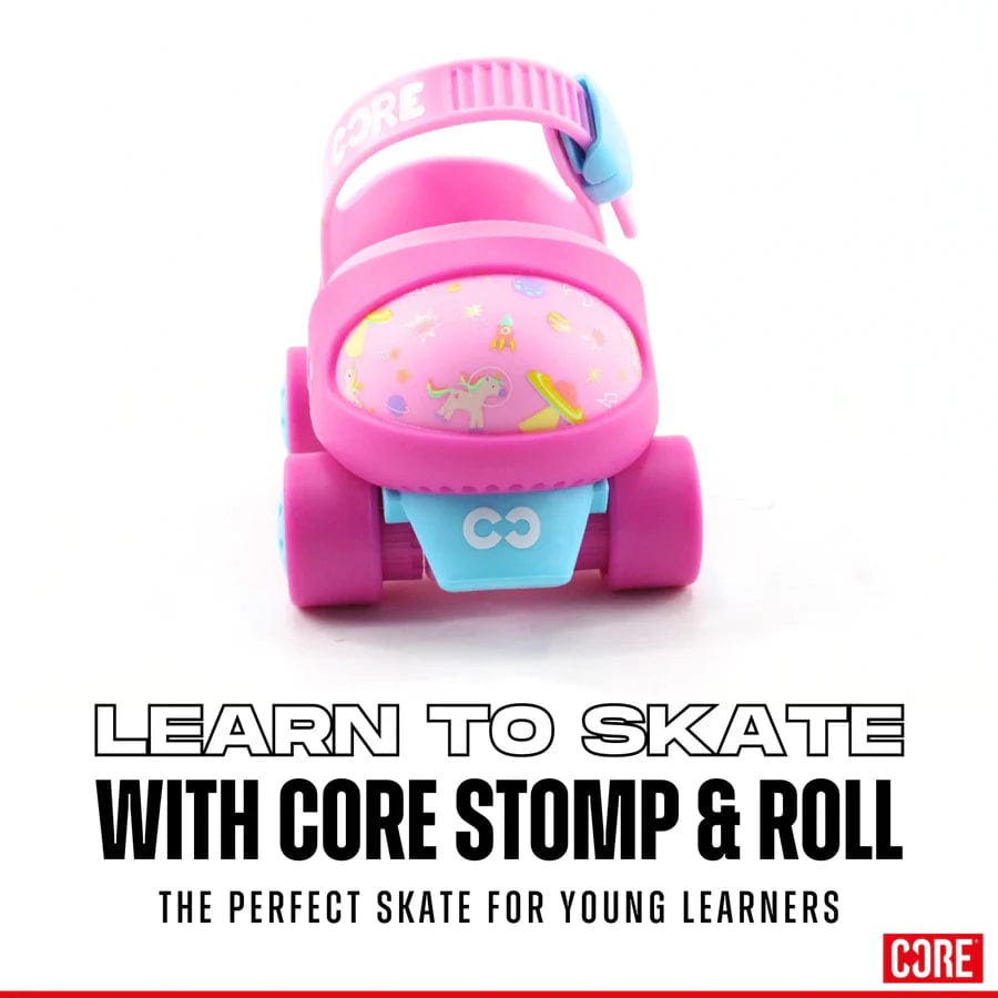 The CORE Kids Stomp & Roll Adjustable Learner Skates in Pink offer adjustable settings and wheels, making them ideal for young skaters.