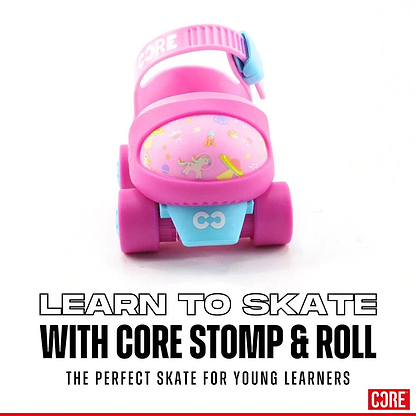 The CORE Kids Stomp & Roll Adjustable Learner Skates in Pink offer adjustable settings and wheels, making them ideal for young skaters.