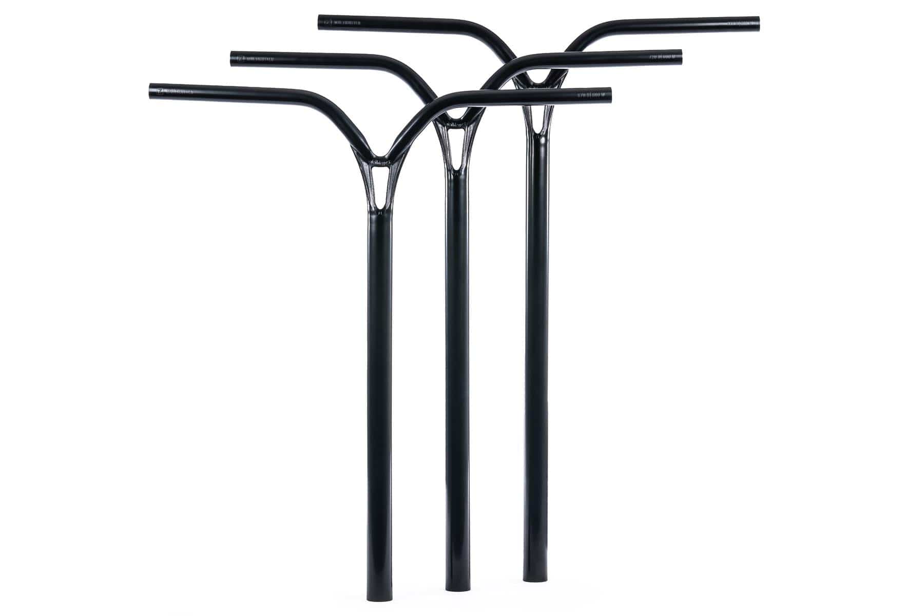 Three Ethic DTC Deildegast V2 Steel Oversized HIC Stunt Scooter Bars (Black Mirror, 770mm x 600mm) stand upright side by side. Each T-shaped Ethic handlebar features reinforced joints and slightly angled grips.