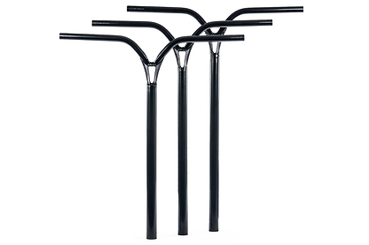 Three Ethic DTC Deildegast V2 Steel Oversized HIC Stunt Scooter Bars (Black Mirror, 770mm x 600mm) stand upright side by side. Each T-shaped Ethic handlebar features reinforced joints and slightly angled grips.