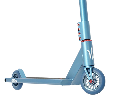 A close-up of the Aztek Architect 2 Complete Stunt Scooter - Neptune Blue shows the deck, front wheel, and handlebar stem with red bolts and white graphic accents.
