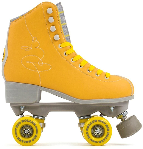 The Rio Roller Signature Quad Skates by Rio Roller showcase a vibrant yellow high-top design with matching laces and side patterns. These vegan-friendly skates feature yellow wheels, a sturdy gray base, and reflective details for style and safety.