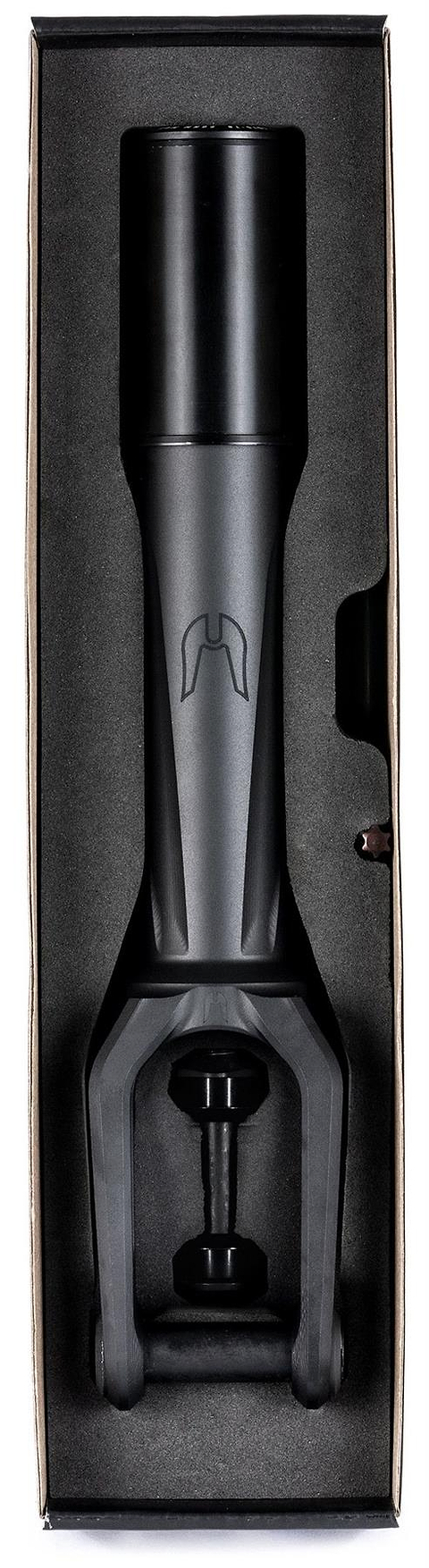 The Ethic DTC Merrow V3 8/12STD HIC Stunt Scooter Fork in black features a matte finish, minimalist front logo, and comes foam-packaged. Designed for freestyle scooters as a 8/12STD fork by Ethic.