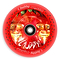 A dynamic Chubby Hollowcore 110mm Stunt Scooter Wheel showcasing a design of two cheerful strawberries with human-like features. The wording on the wheel states "Chubby Strawberry Farm - Freshly Squeezed & Squelched." Ideal for anyone seeking lightweight scooter wheels with a playful and charming vibe.
