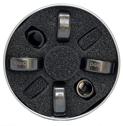 A circular foam package containing four premium Logic ABEC 11 Gold Scooter Bearings is engraved with "LOGIC." The bearings are evenly spaced and fitted into circular slots within the foam, highlighting their top performance speed. The package is open, proudly displaying its contents.