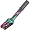 The Legacy Raze Complete Stunt Scooter by Legacy features a black design with oil slick neochrome accents on the wheels and clamp, a T-shaped handlebar, and a wide deck. The scooter stands upright with the front wheel angled to the side.