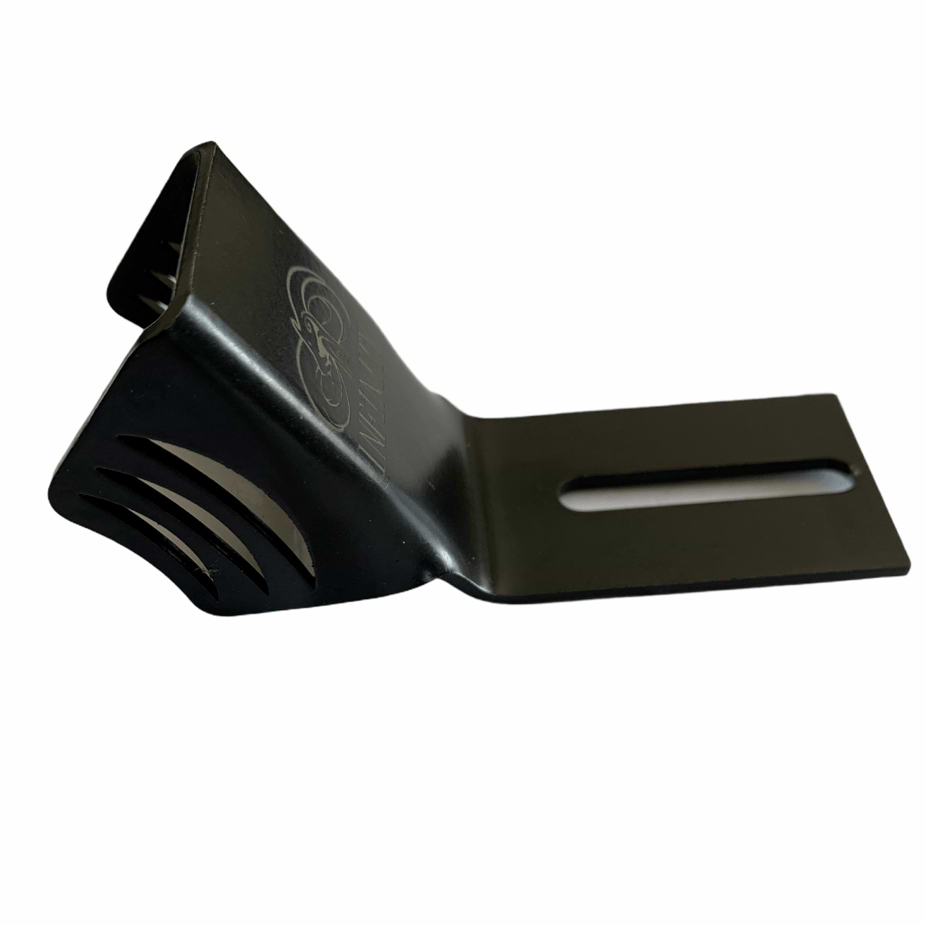 A sleek black metal fender, designed for the Infinity Universal Stunt Scooter, features a slot and two curved side extensions ideal for mounting or securing. Crafted from stainless steel with a smooth surface and embossed markings, it is perfect for maximizing foot space on your scooter.