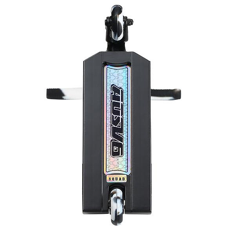 Top view of the Blunt Envy AOS V6 Finger Scooter Deck in black by Blunt Envy; features an iridescent geometric "SQUAD" sticker, with both front and rear wheels visible.