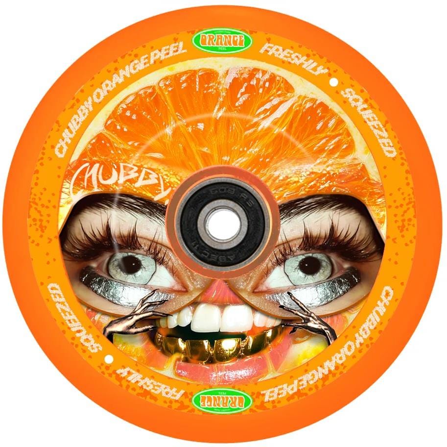 The Chubby Hollowcore 110mm Stunt Scooter Wheel - Orange Peel by Chubby features an orange slice design, surreal face graphic, gold teeth, and “CHUBBY ORANGE PEEL” and “FRESHLY SQUEEZED” text—ideal for stunt scooters.