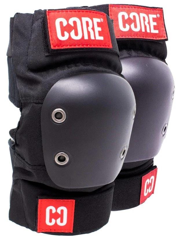 The CORE Combo Street Knee & Elbow Skate Protection Pad Set - Black features hardshell knee pads with hard plastic caps and red straps displaying the white "CORE" logo.