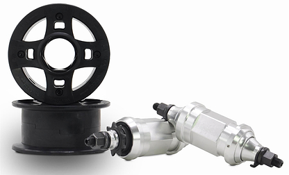 Two black plastic pulley wheels—one upright, one flat—are next to two silver parts with black threaded ends, all essential for the Wildcat OG 3A Mini BMX Bike - Galaxy Blue by Wildcat, showcased on a plain white background.