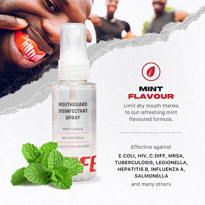 A man inserts a mouthguard as Safejawz Mouthguard Disinfectant 50ml Spray - Mint is shown. Text highlights its antibacterial and antiviral effectiveness, promoting sports hygiene with a refreshing mint formula. Fresh mint leaves sit beside the bottle.