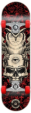 The Madd Gear MGP Pro Series Watcher Red / Black Complete Skateboard, measuring 8" x 31", showcases a vivid design featuring an owl perched atop a skull with a third eye, set against red and black abstract patterns. It is equipped with a sturdy 9 Ply maple deck and smooth Carbon Steel ABEC 3 bearings, accentuated by striking red wheels.