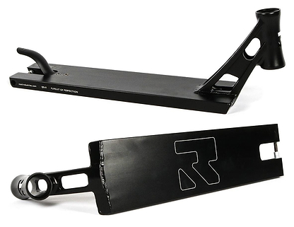 Two views of the Root Industries AIR Boxed Black Stunt Scooter Deck (5.1" x 22"): the top shows the brake and headtube, while the bottom displays a bold "R" logo—sleek design ideal for pairing with AIR Hollowcore Wheels.