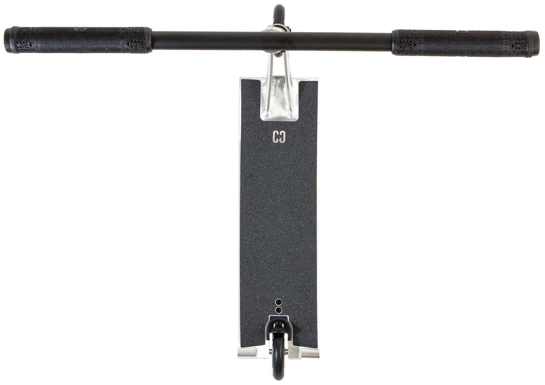 Top-down view of the CORE ST3 Complete Stunt Scooter by CORE in polished silver and black, featuring black handlebars, grip tape, one visible wheel, and "CD" lettering on the deck.
