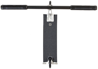 Top-down view of the CORE ST3 Complete Stunt Scooter by CORE in polished silver and black, featuring black handlebars, grip tape, one visible wheel, and "CD" lettering on the deck.