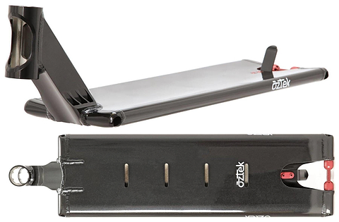 The Aztek Europa 2 Black Magic Stunt Scooter Deck (7" x 23") is shown from the side, emphasizing its smooth contours and angled neck, and from below, highlighting the Aztek logo and cutout slots—ideal for street riding.