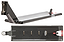 The Aztek Europa 2 Black Magic Stunt Scooter Deck (7" x 23") is shown from the side, emphasizing its smooth contours and angled neck, and from below, highlighting the Aztek logo and cutout slots—ideal for street riding.