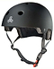 The Triple 8 Dual Certified Brainsaver Helmet - All Black Rubber features air vents, grey adjustable straps, a red buckle, a white front logo, and an EPS liner for enhanced protection.