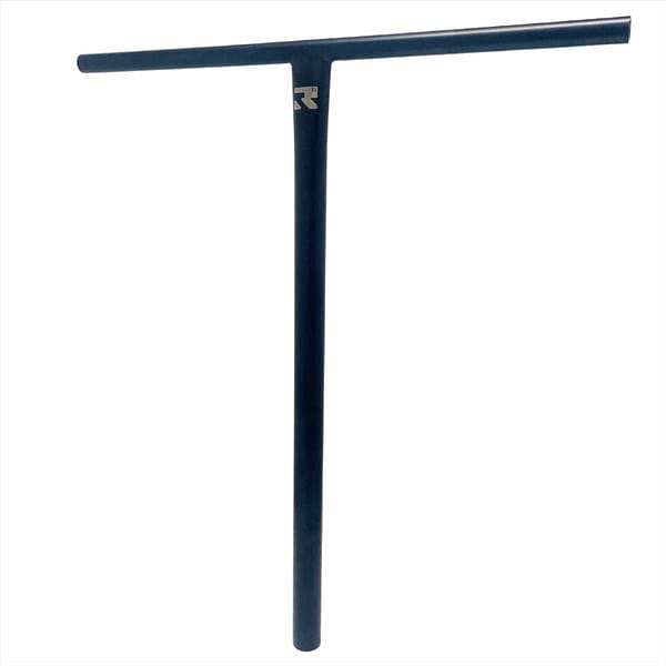 Product Description: The Root Industries AIR Titanium Oversized HIC Stunt Scooter T-Bars, measuring 690mm x 600mm, feature a black finish and a T-shaped design. These handlebars are expertly crafted from lightweight titanium and feature the brand logo near the top of the vertical section, all set against a pristine white background.