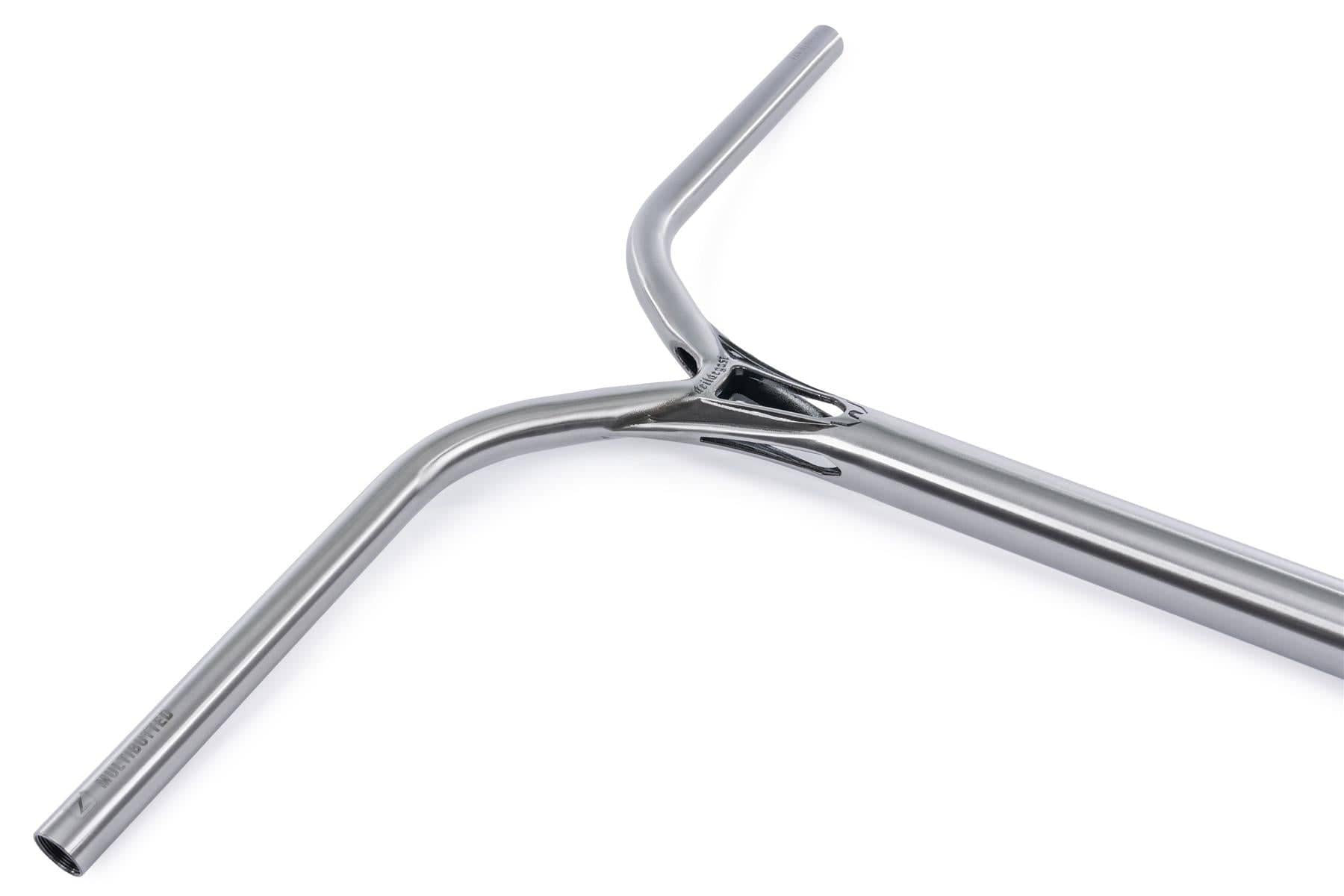 A close-up of Ethic DTC Deildegast V2 Steel Oversized HIC Stunt Scooter Bars in Raw Silver (720mm x 600mm), featuring a Y-shaped design, smooth welds, and durable 4130 Chromoly Steel, photographed on a white background.
