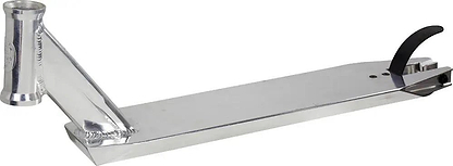 The UrbanArtt Primo Raw Stunt Scooter Deck (4.6" x 21.25") features a head tube on the left and a black brake on the right, set against a white background—an ideal all-rounder for any rider.