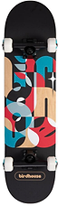 The Birdhouse Stage 3 Overlay Logo Complete Skateboard (7.75" x 31") features white wheels and a black Canadian Maple deck with a colorful abstract geometric design in blue, red, white, and wood tones. "Birdhouse" is printed near the tail of the deck.
