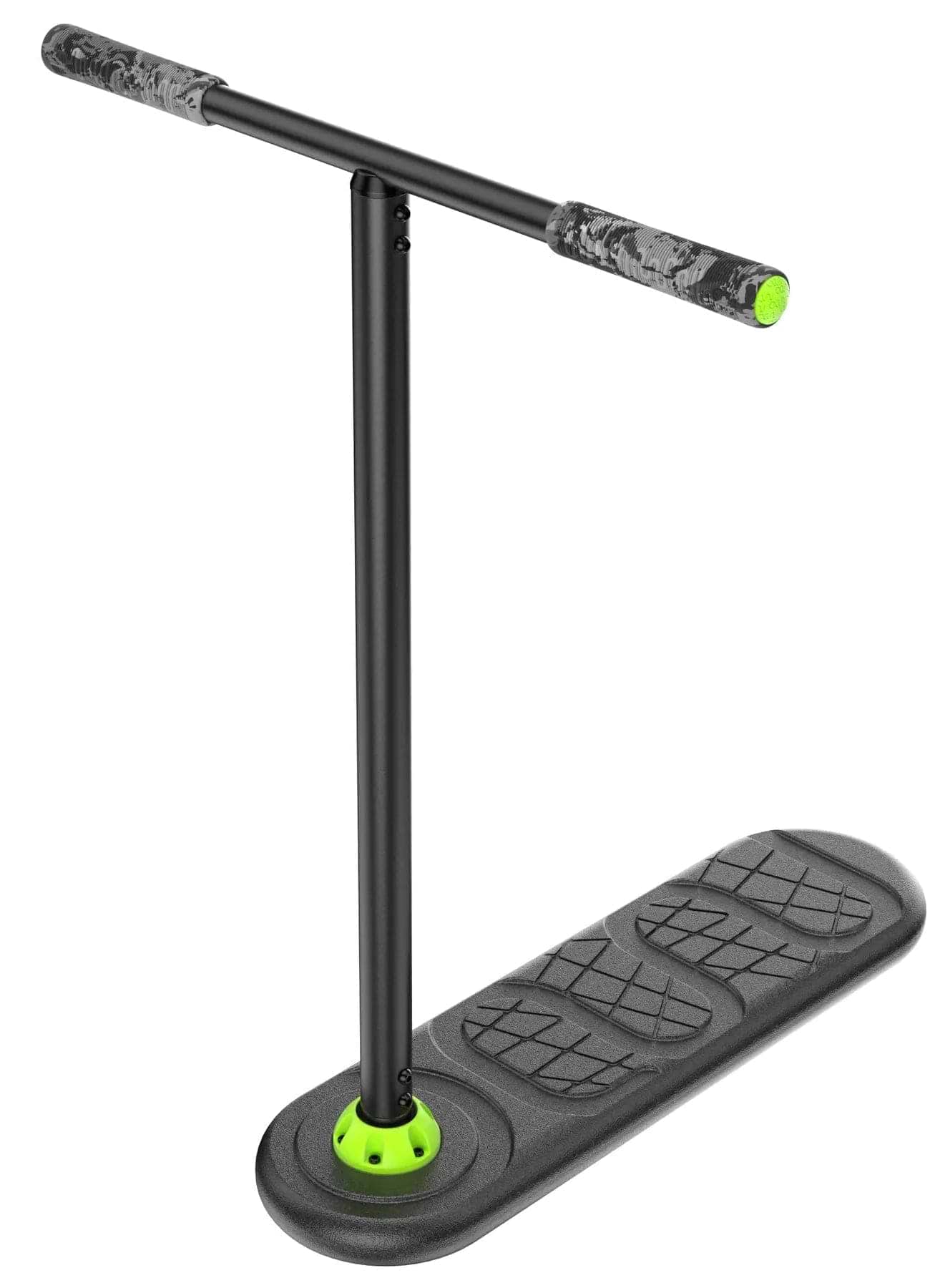 The INDO Fusion Indoor Trampoline Scooter - Classic Black offers a T-shaped handlebar, camouflage-patterned grips, rectangular footboard, and ball head bearing system for practicing balance and advanced tricks.
