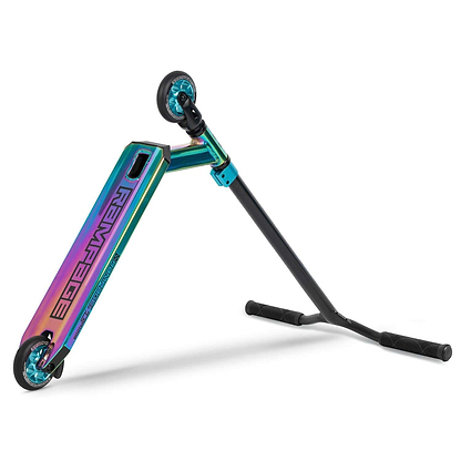 The Rampage R100A Complete Stunt Scooter - Oil Slick Neochrome by Rampage features a metallic rainbow-finish deck, blue wheels, and black handlebars—perfect for your next park session.