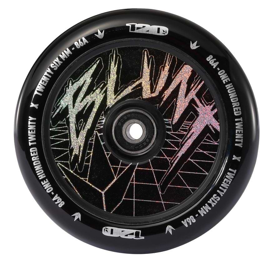 A close-up of a Blunt Envy 120mm Hollow Core Stunt Scooter Wheel in Classic Hologram, highlighting its black base and holographic design. The rim proudly displays "BLUNT" and "86A - One Hundred Twenty," while showcasing a geometric pattern with reflective colors. This wheel is engineered for maximum performance using Hollowcore Wheels technology.