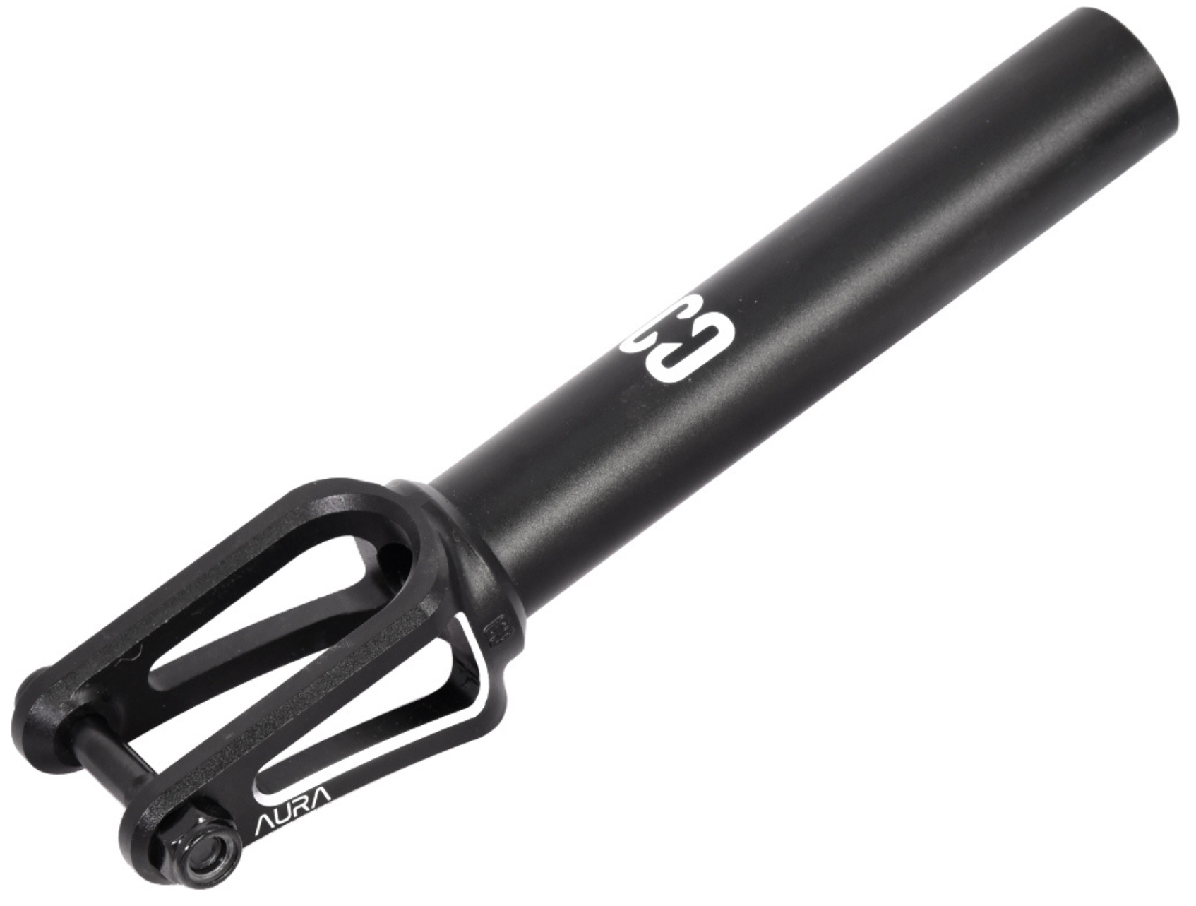 The CORE Aura SCS/HIC Stunt Scooter Forks - Black by CORE are made from high-strength 7075 Aluminium and feature a cylindrical tube, slotted fork end for wheel mounting, and bold white branding—ideal for upgrading your scooter.