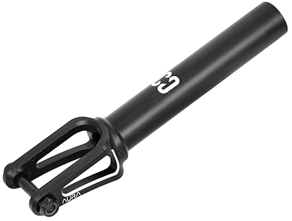 The CORE Aura SCS/HIC Stunt Scooter Forks - Black by CORE are made from high-strength 7075 Aluminium and feature a cylindrical tube, slotted fork end for wheel mounting, and bold white branding—ideal for upgrading your scooter.