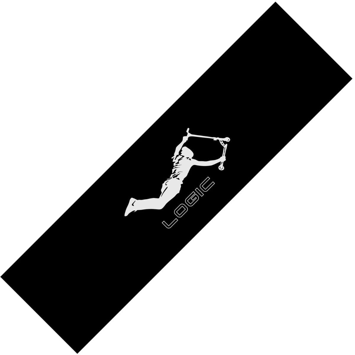 A black rectangular graphic displays a white silhouette of a person mid-air on a scooter, perfectly capturing the ultra-grippy feel of the Logic V2 Stunt Scooter Griptape - Air. The bold, diagonal "LOGIC" enhances this medium-grain design with dynamic flair.