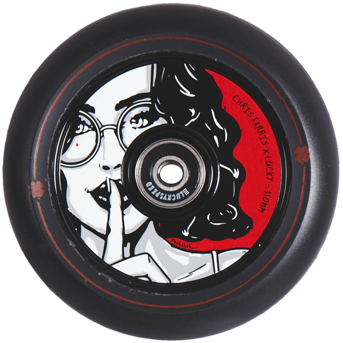 The Lucky Lunar 110mm Stunt Scooter Wheel - Chris Farris Signature by Lucky displays an eye-catching design featuring a person with glasses and finger to lips against a bold red and black background. Equipped with Lucky Rebound Technology, it's ideal for creating sleek scooter builds.
